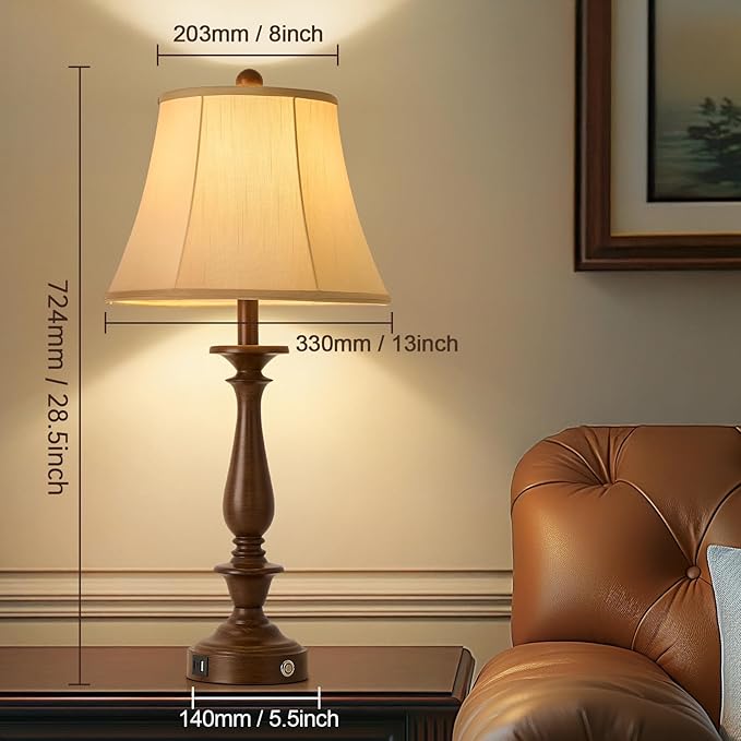 AIDENOEY 28.5" Traditional Table Lamp Set of 2, Rustic Farmhouse Table Lamps for Living Room Bedroom, Bedside Desk Lamps Vintage Nightstand Lamps with Silk Fabric Shades, Antique Walnut