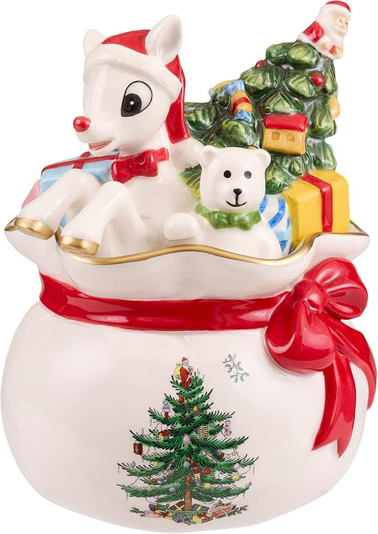Spode Christmas Tree Candy Bowl - 6.5-Inch Dolomite Bowl Holiday Decor - Food-Safe Decorative Christmas Candy Storage Jars with Rudolph the Reindeer Motif - Festive Tabletop Accent