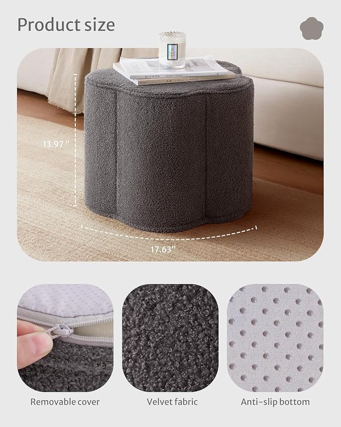 Blissful Diary Flower Pouf Ottoman, Comfy Floral Ottoman for Living Room, Bedroom, Kids Room, Charm Floor Pouf for Home Decor, Full Foam Filling Foot Rest for Couch, Dark Grey