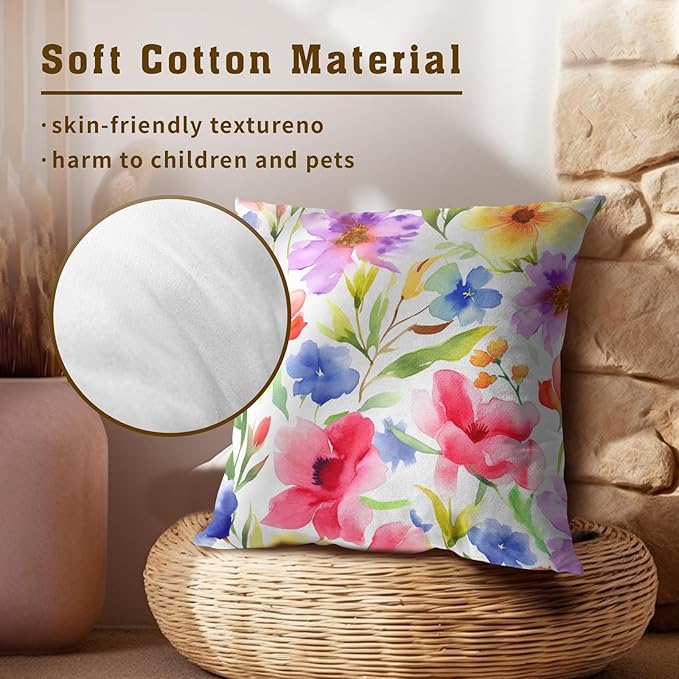 Spring Summer Throw Pillow Covers - Watercolor Flowers Pillow Covers 18x18 Inch Set of 2 Floral Pillowcase Botanical Blossom Cushion Cover for Couch Sofa Garden Patio