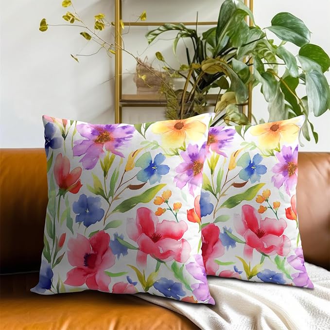 Spring Summer Throw Pillow Covers - Watercolor Flowers Pillow Covers 18x18 Inch Set of 2 Floral Pillowcase Botanical Blossom Cushion Cover for Couch Sofa Garden Patio
