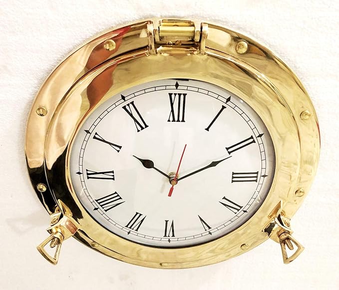 Nagina International 20" Antique Marine Solid Brass Ship Porthole Analog Clock Nautical Wall Hanging Clock Home Decor