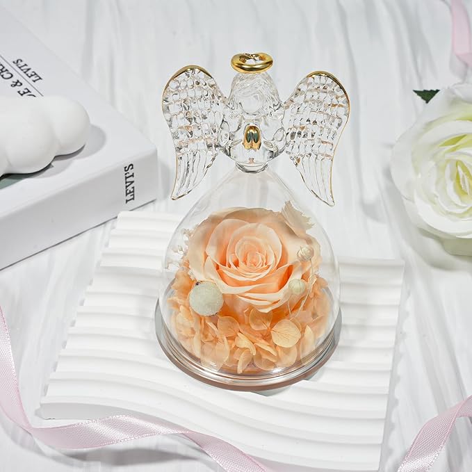 Sunia Preserved Flower Rose Gift for Women - Mother's Day Birthday Gifts for Mom Wife Grandma, Glass Angel Figurines Forever Real Roses Gifts for Her Valentine Day Thanksgiving﻿ (Champagne)