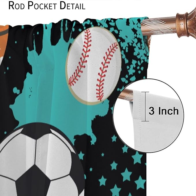 JESTRONRY Sport Window Curtains,Abstract Basketball Football Soccer Rugby Baseball Sports Theme Home Fabric Living Room Kids Boys Girls Teens Bedroom Home Decor Blackout Drapes W55xL63in