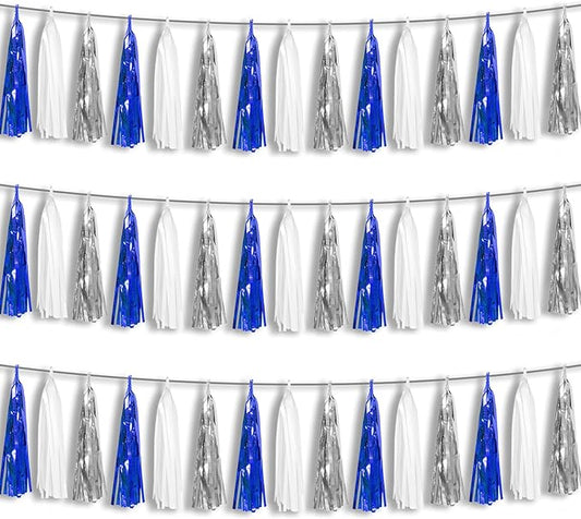 3P Navy-Blue White-Silver Tassel Garland Banner, Tassels Banner Streamers for Parade Floats, Bachelorette, Wedding, Birthday, Halloween, Christmas, Bridal/Baby Shower Party Decorations