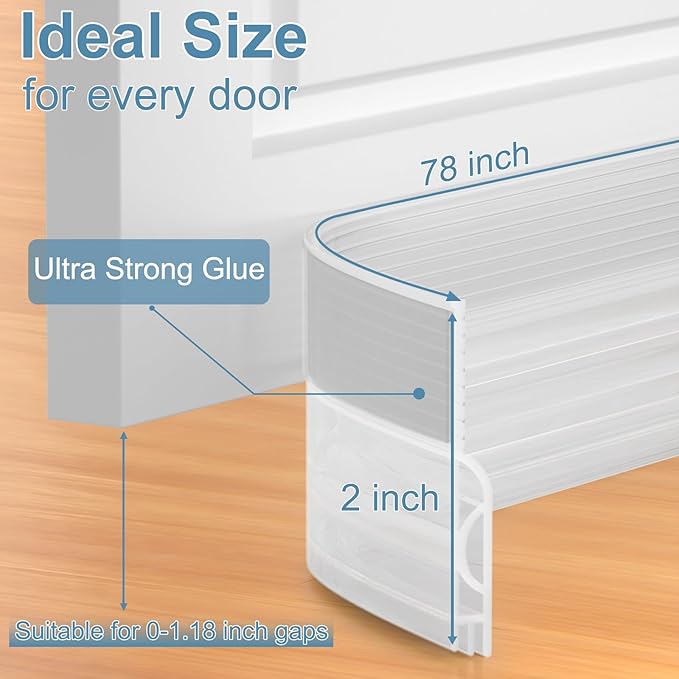 Door Draft Stopper, Adjustable Door Sweep for Bottom of Doors, Under Door Gap Filler for Exterior & Interior Doors, Weather Stripping Seal Blocks Noise and Cold Air (78Inch, Transparent)