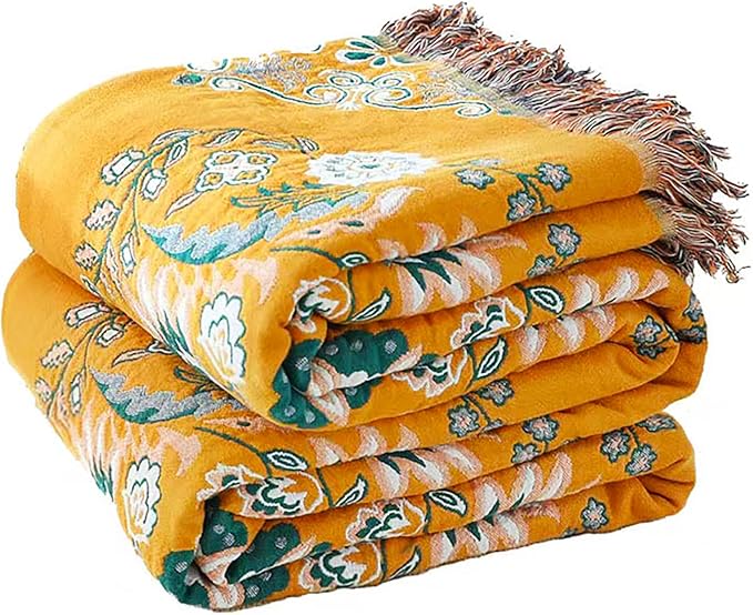 Boho Throw Blanket, 100% Cotton Soft Sofa Bed Queen Throw-Floral Farmhouse Decor Blanket, Reversible Bohemian Yellow Throw for Chair Couch Quilt and Gift, 80" x 90"