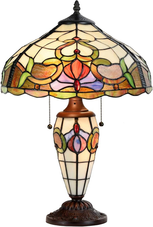 Bieye L10800 Baroque Tiffany Style Stained Glass Table Lamp with Lit Base for Bedside Living Room Bedroom, 14" W x 21" H