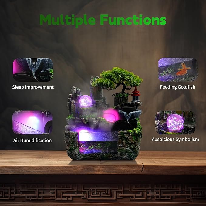 Tabletop Water fountainRockery Tabletop Fountain Indoor Waterfall with an Atomizer Elaxation Water Feature Meditation with LED Light for Desktop Home Office Decor