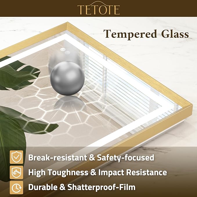 TETOTE 72 x 40 Bathroom LED Mirror Brushed Gold Metal Frame Frontlit & Backlit Vanity Mirror Anti-Fog Stepless Dimmable 3 Colors White/Warm/Natural Wall-Mounted