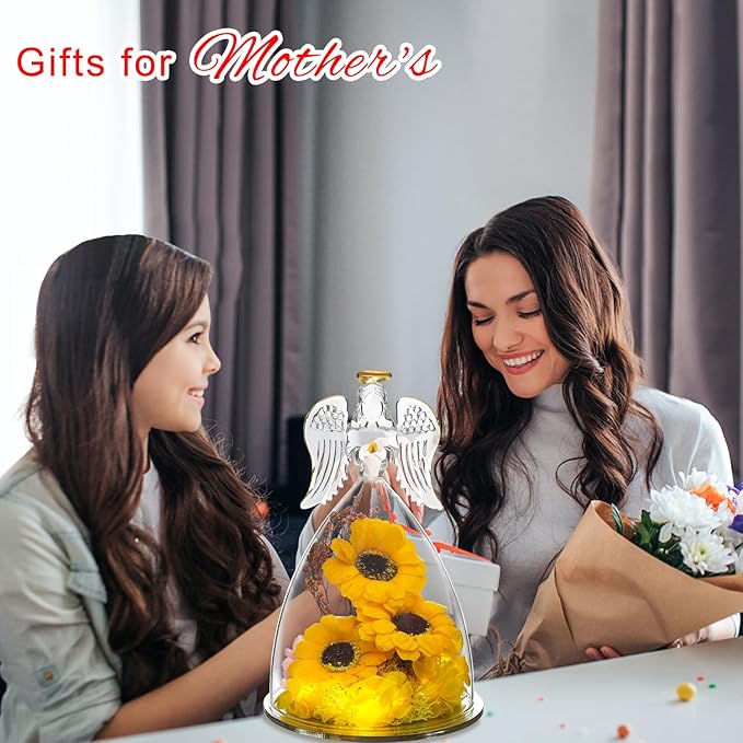 Christmas Sunflower Gifts for Women,Sunflowers Gifts for Mom Angels Figurines Sunflower Bouquet with Necklace, Light Up Sunflowers in Glass,Xmas Birthday Gifts for Her Mom Wife Girlfriend Sister