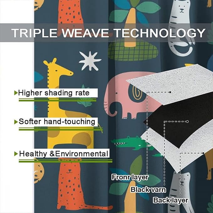 Nursery Safari Animals Curtains Baby Boy Kids Woodland Jungle Forest Lion Elephant Printed Curtains for Living Room Bedroom Window Drapes Fabric 2 Panels 42 (W) X 54(H) Inch