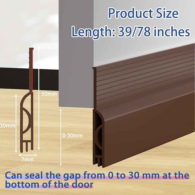 Under Door Draft Stopper, Self-Adhesive Door Sweep for Bottom of Door, Weather Stripping Doors Seal Soundproofing Insulation Strip, Doors Bottom Gap Blocker for Exterior/Interior (2M, Brown)