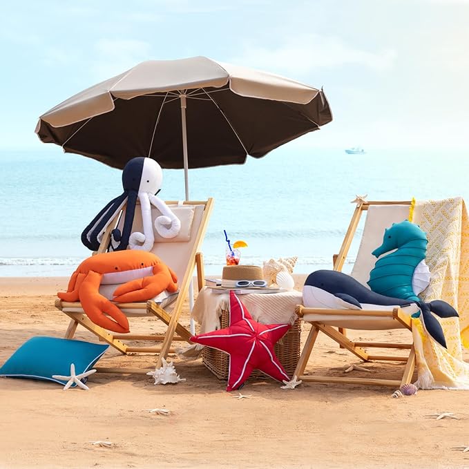 Phantoscope Outdoor Crab Shaped Throw Pillow, Decorative Waterproof Pillows for Outdoor Patio Furniture, Beach Cushion Pillows, Orange and White 17 x 11 Inches