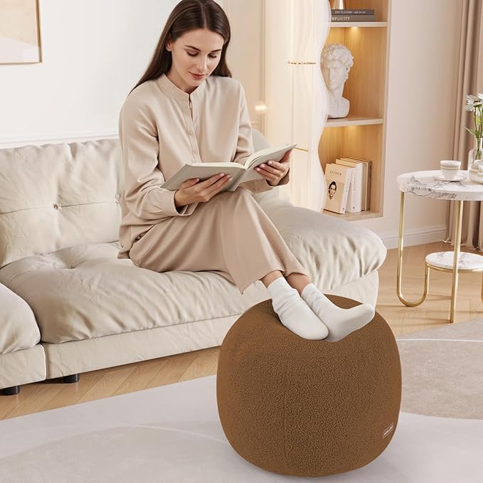 MeMoreCool Stuffed Round Pouf Ottoman Foot Rest, Floor Pouf Foot Stool with Soft Foam Chunk Filling, Small Round Ottoman Footstool Circle Footrest for Living Room, Light Coffee