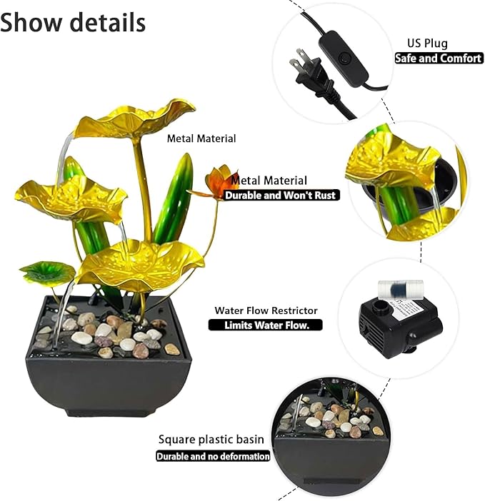 Desk Water Fountain Indoor Tabletop Mini Waterfall 3 Level Lotus Leaf Fountain Flowing Water Landscape Decor for Bedroom, Office, Living Room