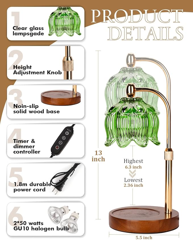 Candle Warmer Lamp with Timer Dimmable, Adjustable Height, Birthday Gifts for Women Mom, House Warming Gifts New Home Room Decor, Christmas Gifts,Wax Warmer Lamp for Jar Candles with 2 Bulbs