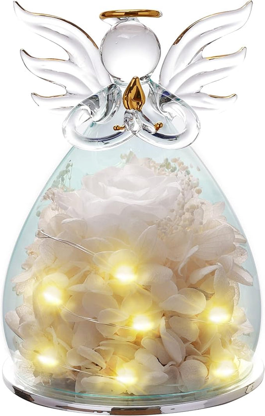 ANLUNOB Preserved Rose Gifts for Women Birthday Gifts for Mon Grandma Angel Figurines White Rose in Glass Cover with LED Light Valentines Day Gift Anniversary Wedding Gifts