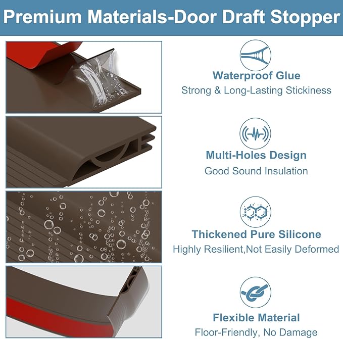 Door Draft Stopper, Adjustable Door Sweep for Bottom of Door, Under Door Gap Filler for Exterior & Interior Doors, Weather Stripping Seal Blocks Noise and Cold Air (78Inch, Brown)