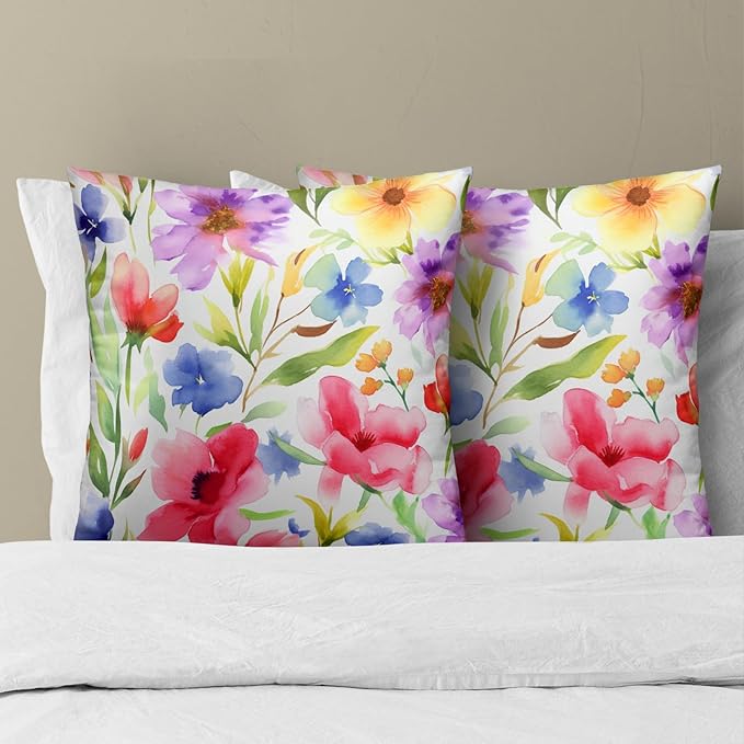 Spring Summer Throw Pillow Covers - Watercolor Flowers Pillow Covers 18x18 Inch Set of 2 Floral Pillowcase Botanical Blossom Cushion Cover for Couch Sofa Garden Patio