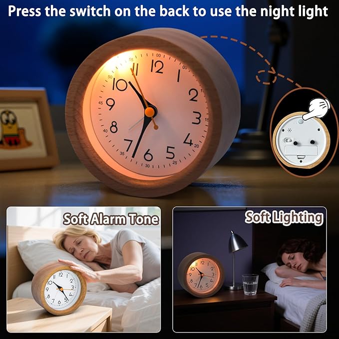 4'' Natural Wooden Analog Alarm Clock with Soft Night Light - Battery Operated Non-Ticking Silent Tabletop Minimalist Desk & Bedside Clock for Bedrooms Living Room Home Office Decor