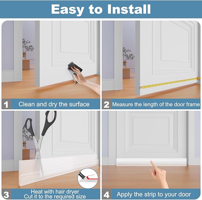Door Draft Stopper, Adjustable Door Sweep for Bottom of Doors, Under Door Gap Filler for Exterior & Interior Doors, Weather Stripping Seal Blocks Noise and Cold Air (78Inch, Transparent)