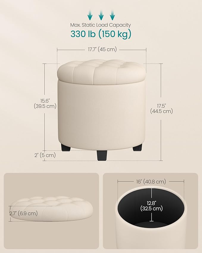 SONGMICS Round Ottoman, Ottoman with Storage, 17.7 x 17.7 x 17.5 Inches, Foot Rest with Legs, Linen-Look Fabric, Load up to 330 lb, for Living Room, Bedroom, Light Beige ULOM011W01