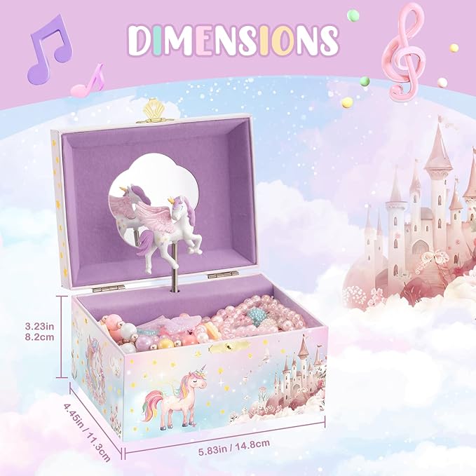 Lolalet Unicorn Music Jewelry Box for Girls, Kids Musical Jewelry Boxes with Spinning Unicorn Doll, Cute Children's Jewelry Storage Organizer Gift for Little Girls Age 3-8 -Pink (Box with Jewelry)