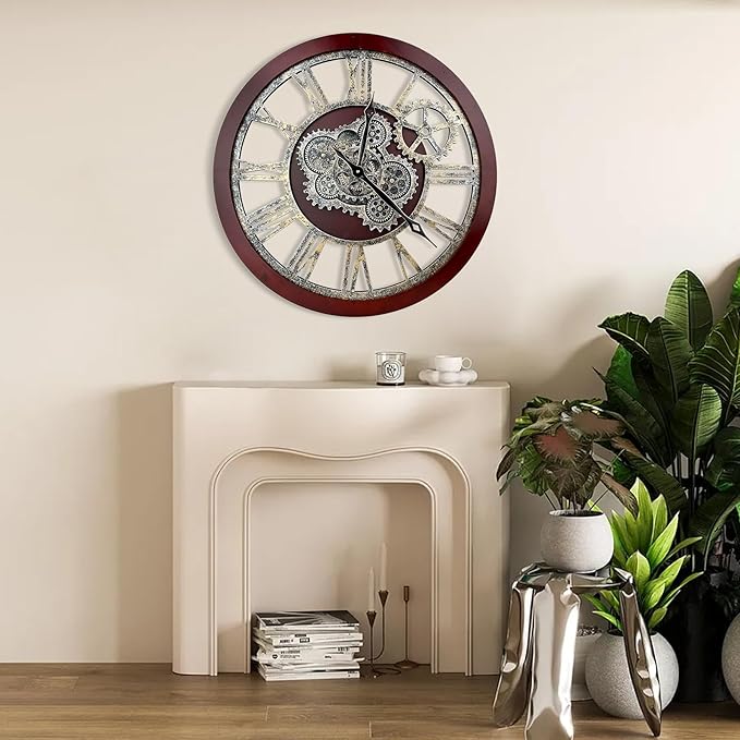 HOIBAI Large Wall Clock, Wall Clocks for Living Room Decor 30 Inch Farmhouse Vintage Rustic Kitchen Wall Decor Vintage Roman Oversized Wall Clock for Home Bedroom House, Moving Gears Clock