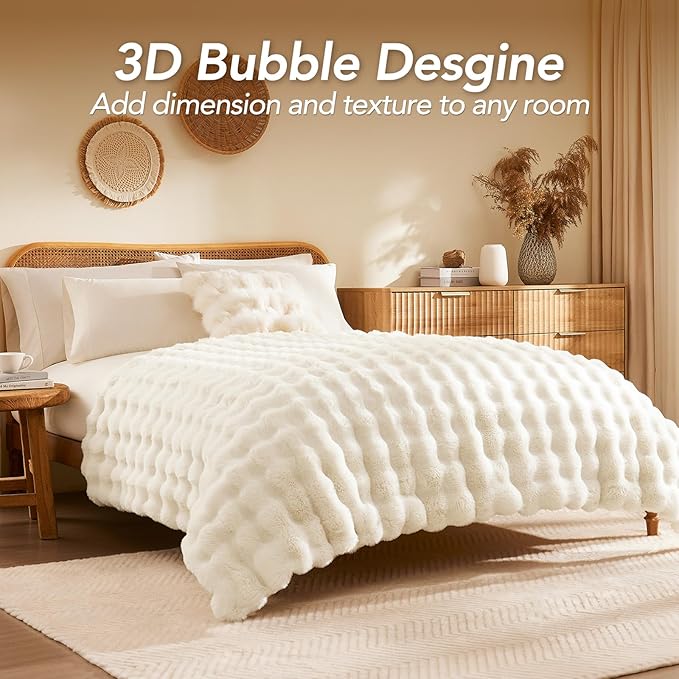 L'AGRATY Faux Fur Throw Blanket: 50" x 60" Luxury Soft Fluffy Thick Rabbit Fur Blankets for Couch Bed Sofa - Cozy Plush Bubble Blankets for Winter: Warm Flannel Fleece Decorative Blanket(Cream White)