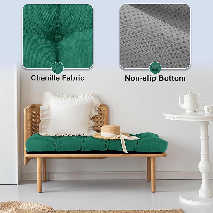 Bench Cushion 42 Inch - Chenille Fabric, High-Density Foam, Non-Slip Bottom, Soft Durable Indoor Tufted Long Seat Cushion for Window Garden Furniture (Mint, 42x16x4 Inch)
