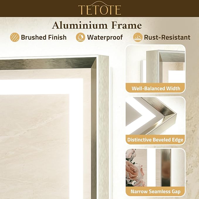 TETOTE 60 x 28 Large Bathroom Mirror Brushed Bright Nickel Metal Frame Frontlit & Backlit Vanity Mirror 3 Colors White/Warm/Natural Stepless Dimmable Anti-Fog Bathroom Mirrors for Vanity Wall-Mounted