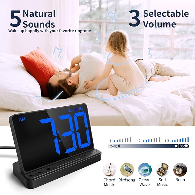 NOKLEAD Digital Alarm Clock for Bedroom, Large 6.5in LED Display with Snooze, 2 Alarms, USB Charging, 5 Ringtones, 3 Volume, Easy to Use Dimmable Clock for Kids, Seniors, Adults