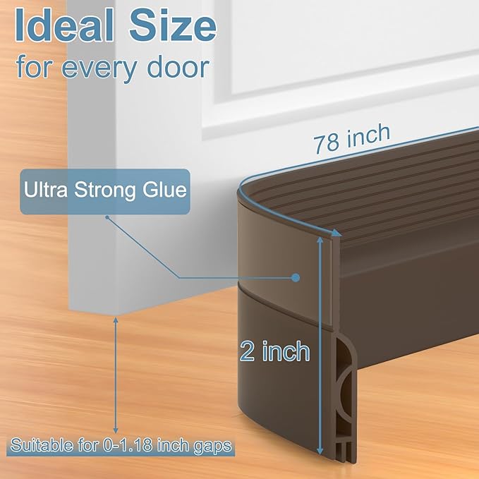 Door Draft Stopper, Adjustable Door Sweep for Bottom of Door, Under Door Gap Filler for Exterior & Interior Doors, Weather Stripping Seal Blocks Noise and Cold Air (78Inch, Brown)