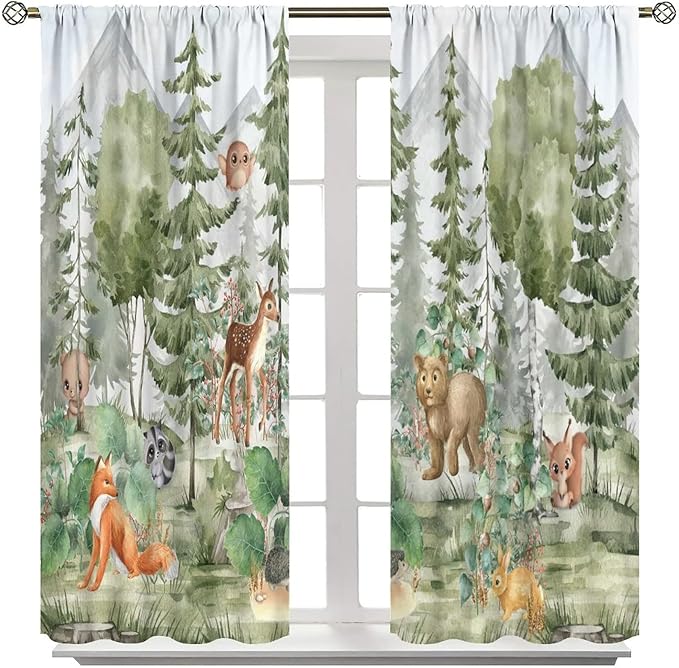 Kids Forest Animal Curtains,Fox Elk Bird Animal Watercolor Woodland Print Curtains Kids Nursery Bedroom Living Room Home Decoration 42x45 Inch