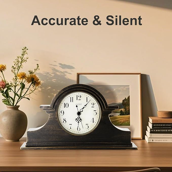 OCEST Vintage Farmhouse Mantel Clock - 13 x 7 Inch Quartz Gilt Finish Battery Operated, Contemporary Napoleon Classic Desk & Shelf Décor for Living Room Office Tabletop Bedside (Walnut Brown)