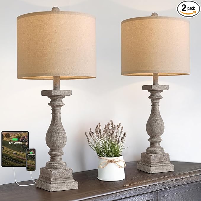 BOBOMOMO 27" Farmhouse Table Lamps with USB-A +C Ports, Vintage Rustic Lamps for Living Room, Linen Shade, Retro Side Table Lamps Set of 2 for Living Room,Bedroom,Night Stands,Office, Home Decor