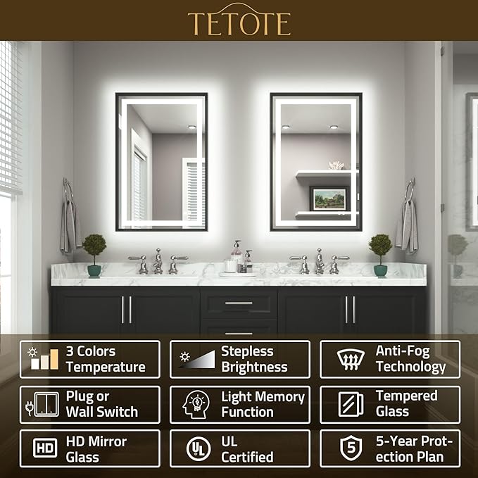 TETOTE 22 x 30 Bathroom LED Mirror Brushed Black Metal Frame Frontlit & Backlit Vanity Mirror Anti-Fog Stepless Dimmable 3 Colors White/Warm/Natural Mirror with Lights Wall-Mounted