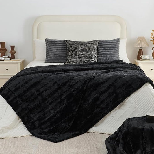 Krifey Black Faux Fur Blanket for Bed, 3D Marble Texture Soft Cozy Fuzzy Plush Thick Warm Blanket, Faux Rabbit Fleece, Christmas Birthday Gifts for Men Dad, Cool Black, 60x80in