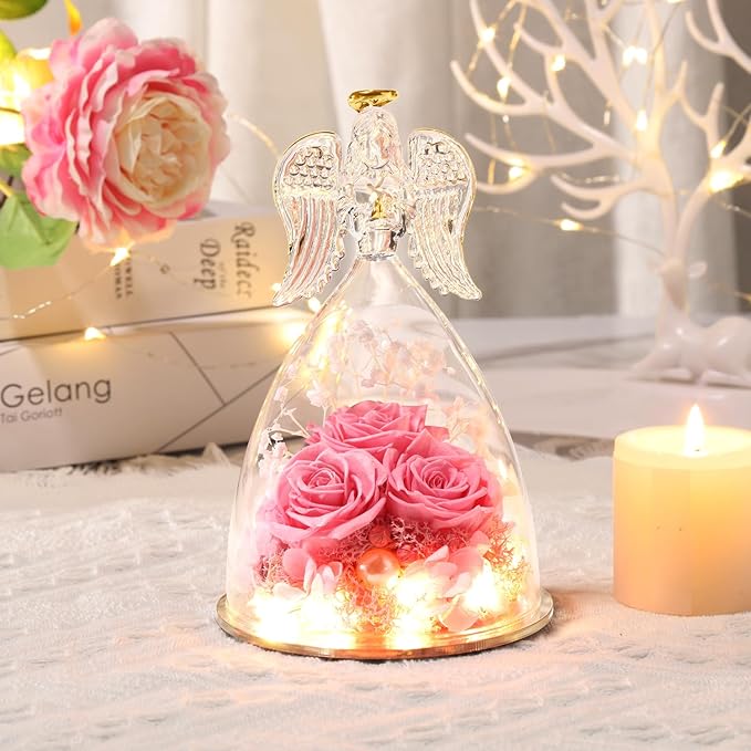 Christmas Angel Gifts for Women Gift for Mom,Preserved Real Rose in Glass Angel Figurines with Angel Necklace,Preserved Flower Birthday Gifts for Women Mom Wife Girlfriend for Thanksgiving Xmas Gift