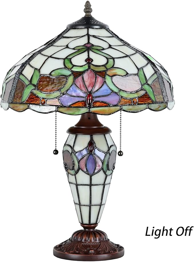 Bieye L10800 Baroque Tiffany Style Stained Glass Table Lamp with Lit Base for Bedside Living Room Bedroom, 14" W x 21" H