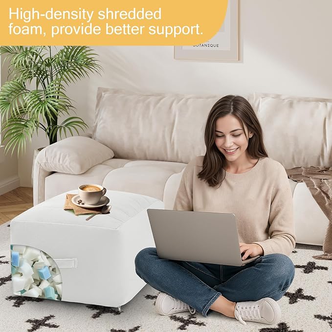 MeMoreCool Square Stuffed Pouf Ottoman Foot Rest, Floor Pouf Foot Stool with Foam Chunk Filling, Soft Stuffed Ottoman Footrest for Living Room, Off-White