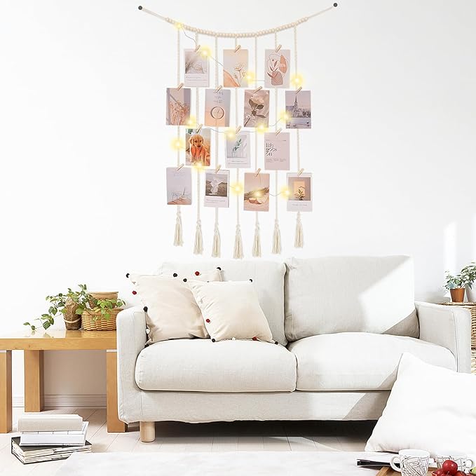 Macrame Hanging Photo Display Boho Wall Decor with String Lights Wooden Beads Garland Picture Frame Collage Holder with 30 Clips for Room, Bedroom, Dorm, Christmas Teenage Teen Girl Gifts (Beige, Medium)