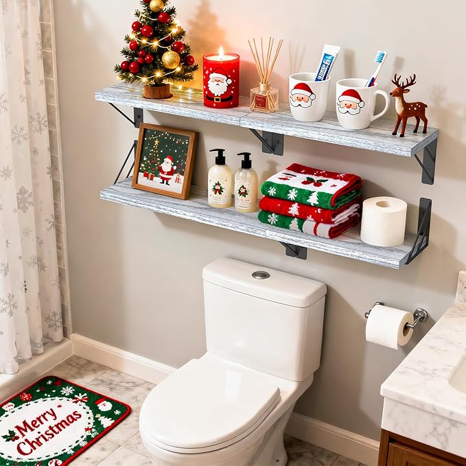 BAYKA Wall Shelves for Bedroom Decor, Floating Wall Shelves for Living Room Kitchen Storage, Wall Mounted Rustic Wood Floating Shelves for Kids Books, Corner Shelf for Bathroom(Gray White，Set of 4)