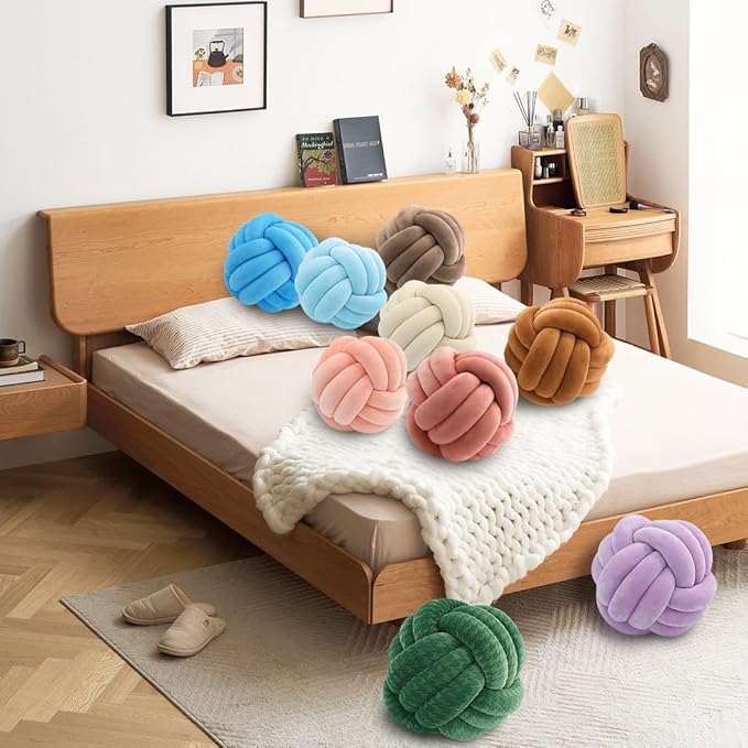 Hot Pink Knot Pillow Ball, Handmade Decorative Throw Pillow, Soft Round Knotted Cushion for Couch & Bedroom, Cute Home Decor, Braided Pillow for Living Room (10.6 Inches)