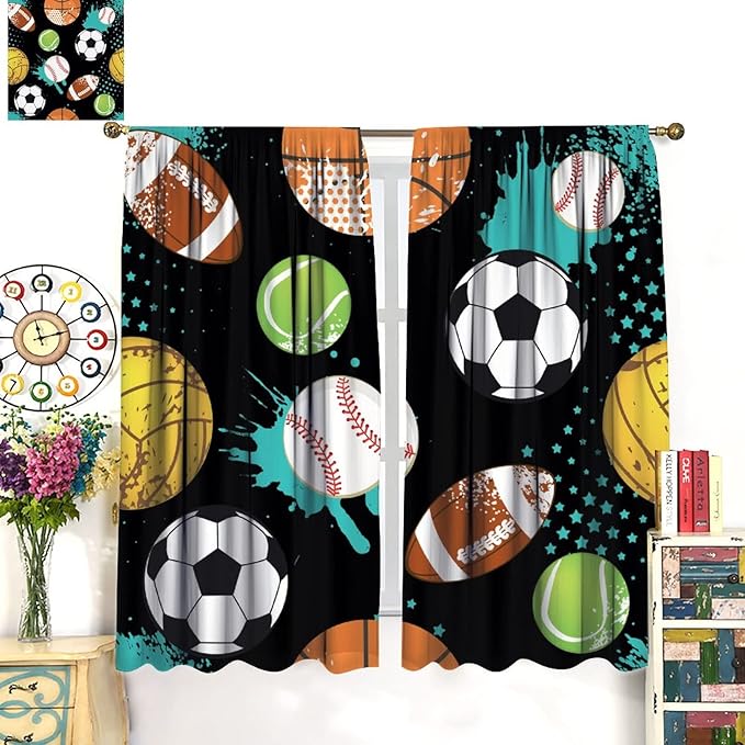 JESTRONRY Sport Window Curtains,Abstract Basketball Football Soccer Rugby Baseball Sports Theme Home Fabric Living Room Kids Boys Girls Teens Bedroom Home Decor Blackout Drapes W84xL84in
