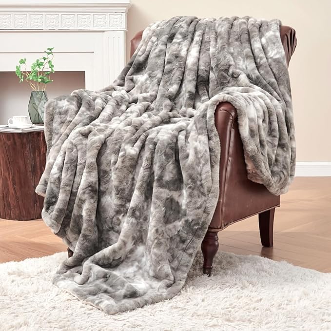 Krifey Faux Fur Throw Blanket, Super Soft Cozy Blanket, Luxury Fluffy Blanket Warm Bed Throw, Plush Christmas Birthday Gifts for Women, Room Home Dorm Decor, Marbled Gray 50" x 60"