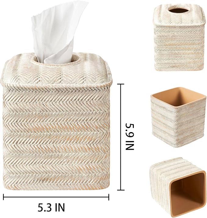 Tissue Box Cover Square Resin Tissue Holder for Home Decor,Hand Carved Wicker Tissue Box Holder,5.3 x 5.3 x 5.9 inches, Farmhouse White