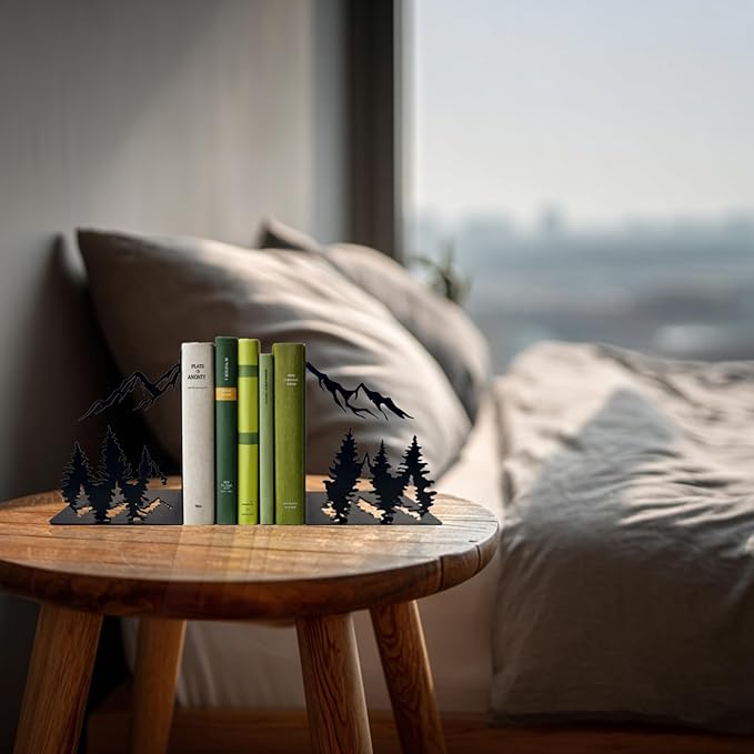 Matte Black Iron Heavy Duty Bookends - Laser-Engraved Mountain Design, Decorative Shelf Stoppers for Books, Space-Saving Desk Organizer (Modern, Rustic, Vintage Style)