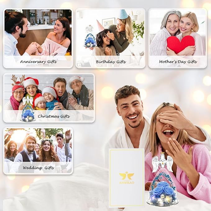 ANWEAO Gifts for Women Christmas Birthday Gifts for Mom Preserved Blue Rose with Lights Forever Flower in Glass Angel Figurines with I Love You Necklace Birthday Gifts for Women Her Mom Wife Grandma